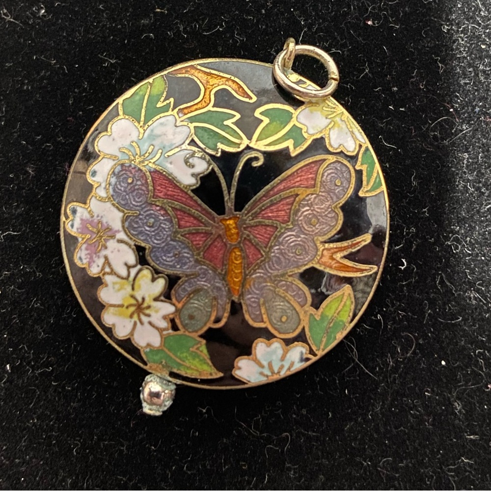 Vintage Cloisonné Enamel Butterfly Pendant Large Round Nature